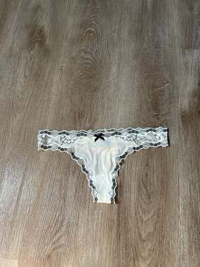 Vintage Victoria's Secret Dream Angels White Satin and Black Lace Thong Panty